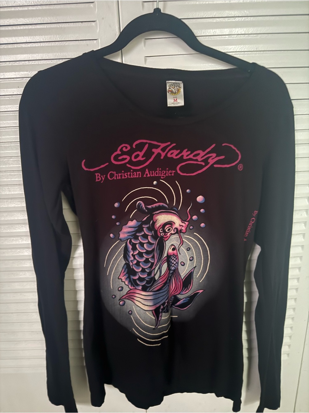 Ed Hardy Black Long-Sleeve Koi Graphic Tee with Pink and Purple Accents